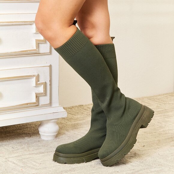 Knee High Platform Sock Boots in Olive Green - Picture 4 of 5